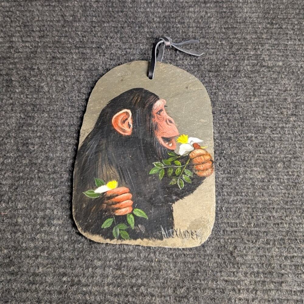 Hand Painted Chimpanzee Artwork On Natural Slate By Alexander Wildlife